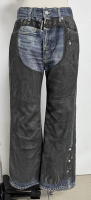 Faux Two Piece Illusion Straight Cut Jeans With Vintage Inspired Digital Print Patchwork