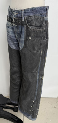 Faux Two Piece Illusion Straight Cut Jeans With Vintage Inspired Digital Print Patchwork