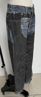 Faux Two Piece Illusion Straight Cut Jeans With Vintage Inspired Digital Print Patchwork