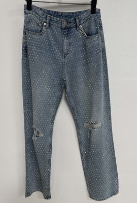 Trendy Rhinestone Embellishments Straight Cropped Jeans For Eye Catching Fashionable Look