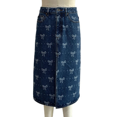 All Over Bow Print Long Denim Skirt For A Playful And Feminine Design