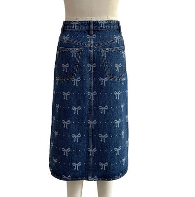 All Over Bow Print Long Denim Skirt For A Playful And Feminine Design
