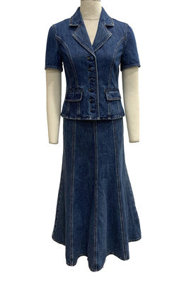 Two Piece Denim Set Featuring A Tailored Jacket And Flared Midi Skirt