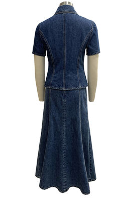 Two Piece Denim Set Featuring A Tailored Jacket And Flared Midi Skirt
