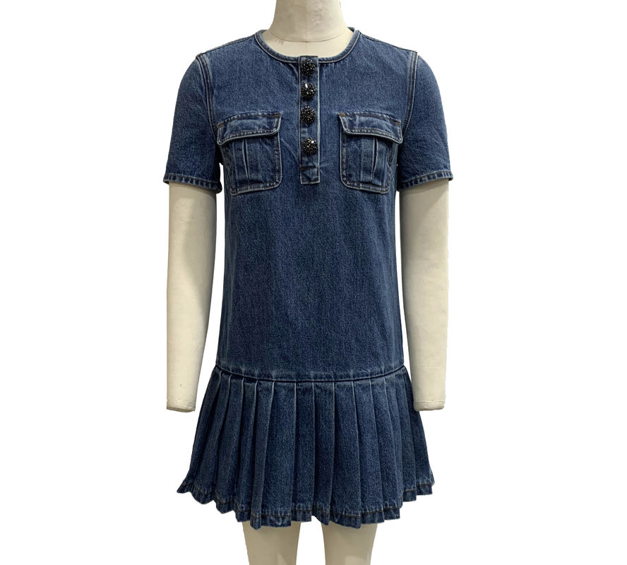 Classic Crew Neck And Short Sleeves Denim Dress For A Timeless Look