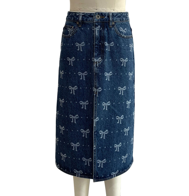 All Over Bow Print Long Denim Skirt For A Playful And Feminine Design