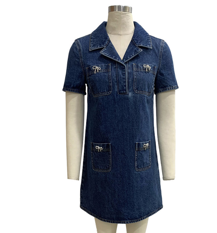 Tailored Lapel Collar And Short Sleeve Denim Dress For A Polished Yet Casual Style